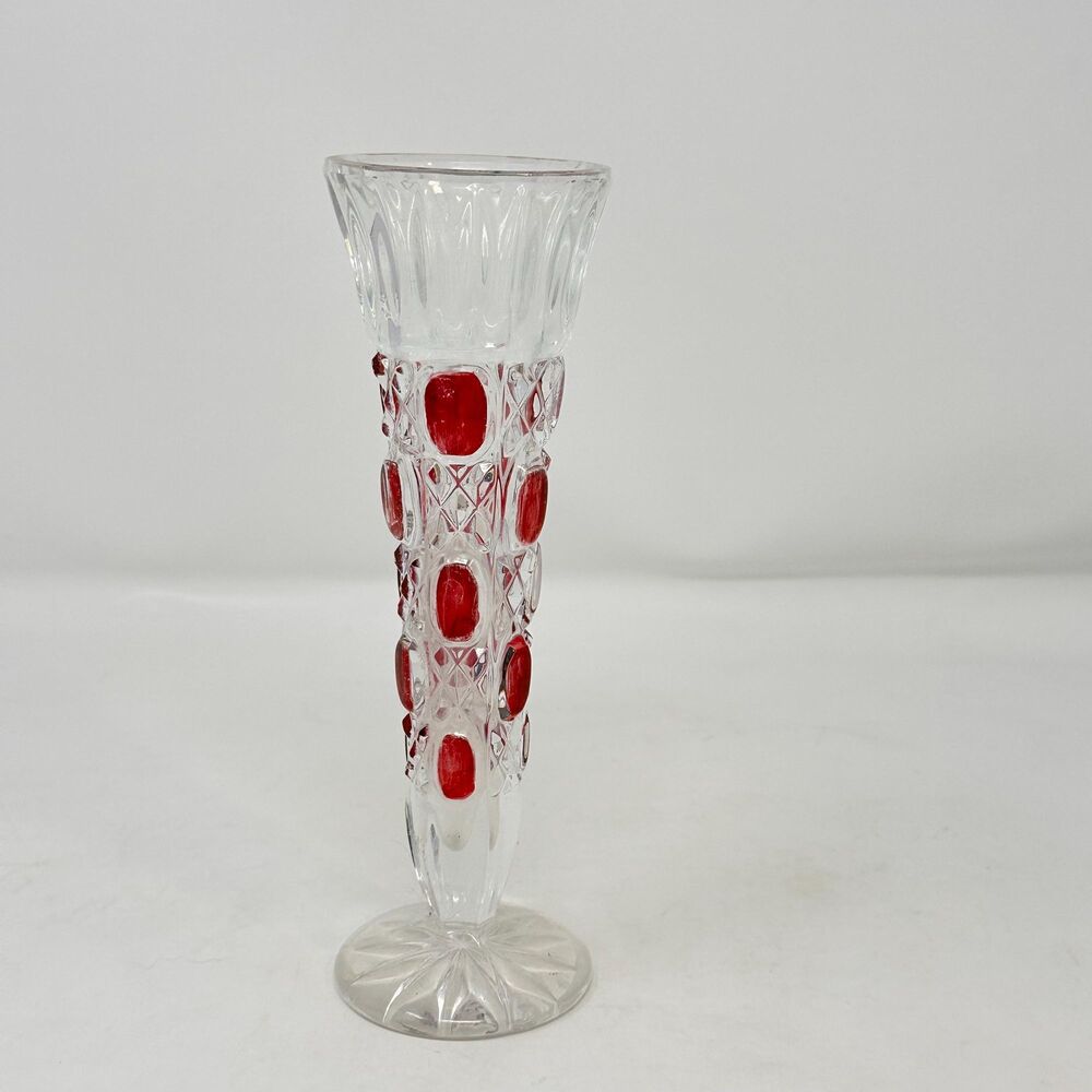 Vintage Lead Crystal Clear Bud Vase Ruby Red Flash Cut Glass Germany 8"